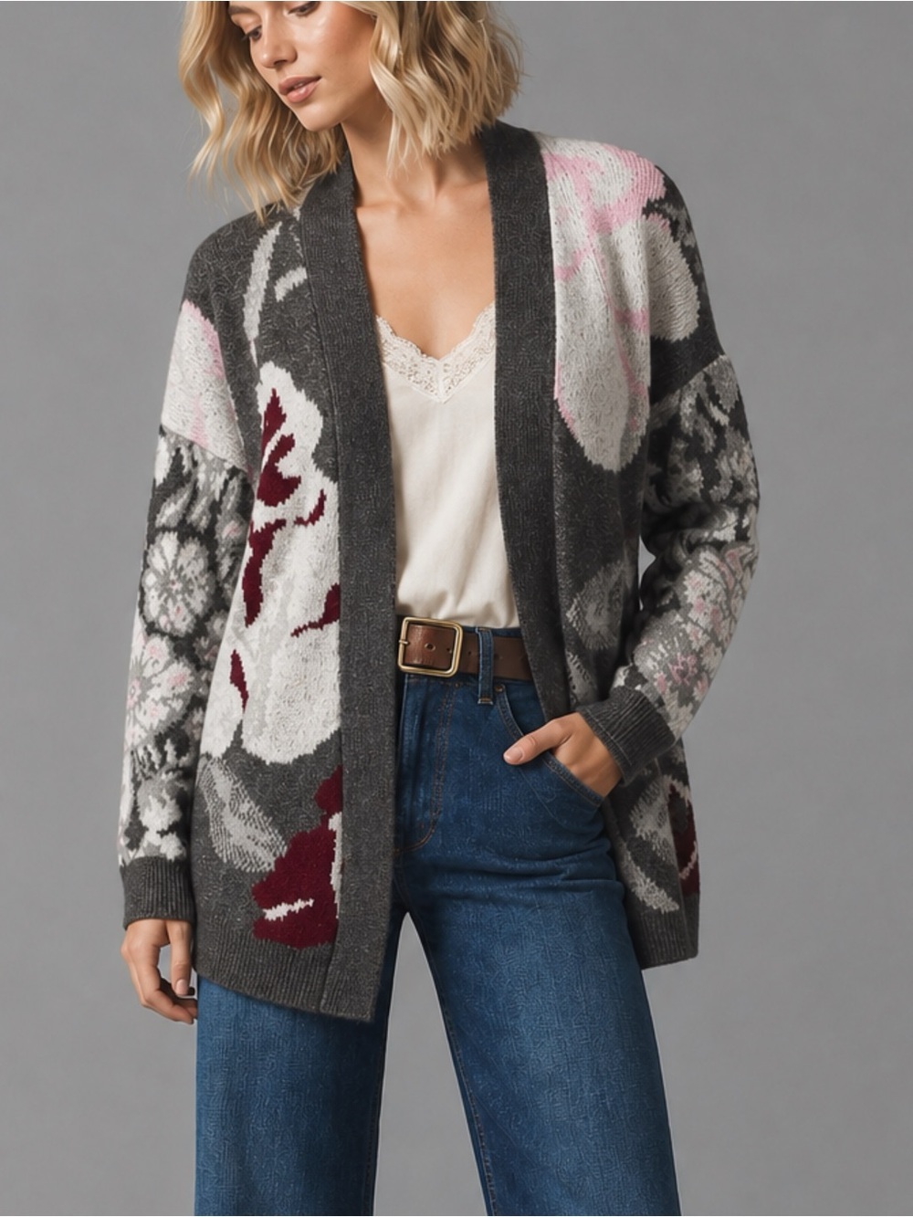 Rachel Zoe Oversized Floral Intarsia Womens Cardigan Gray Sz Large Heavy Sweater
